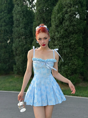 Blue A Line Spaghetti Strap Print Floral Satin Party Dress Homecoming Dress HZ1023